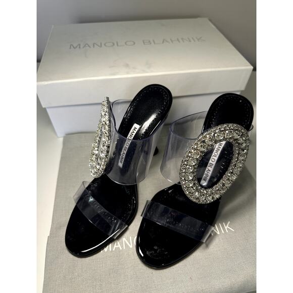 $1045 Manolo Blahnik Heels Fibionabi 105 patent Black mule Sandals Size 35.5 NEW - Picture 3 of 6